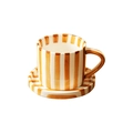 Japanese style cream ceramic coffee mug and saucer set with orange hand-painted stripes - Cup with Saucer / Brown