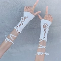 Y2K white lace-up ballet arm warmers with ribbon bows and cut-out knit detail - White Short Ribbon