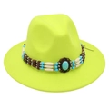 Detail of neon yellow fedora hat featuring ethnic turquoise beads and wooden ornaments - One Size / Fluorescent Green