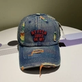 Macro shot of embroidered NY FTCH lettering on blue washed denim baseball cap texture - Adjustable / Red Letter