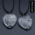 White crystal heart pendant with silver wire wrapped tree of life on black cord - Clear Quartz (Silver)