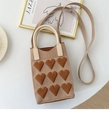 Chic knitted tote bag in beige and brown with heart patterns and crossbody strap - Heart Pattern Khaki