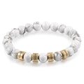 Detail showing custom engraved names on golden metal spacers with white stone beads - Howlite / Single Name