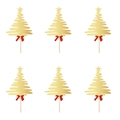 Set of 6 golden Christmas tree cake toppers with red bows on white background - Polished Gold