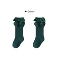 Green combed cotton knee-high girl socks with elegant large satin bow details - Size S (0-1 Years) / Green