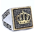 Anello a sigillo da uomo con corona dorata, base nera e motivo greco sulla fascia - US 9 / Stile Corona Motivo a Greca (07103)