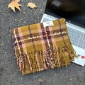 Plaid mohair-like scarf in yellow brown and pink with fringes and woven label - Maple Leaf Green Plaid / 65-200CM