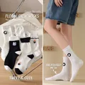 Breathable cotton mid-calf socks with black and white floral and bear embroidery - One Size / Black and White Floral