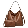 Brown faux leather tote bag and matching pouch with gold hardware in casual retro style - Coffee
