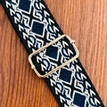 Ethnic geometric jacquard replacement shoulder strap with gold metal buckle in blue and black - Blue