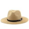 Sombrero fedora de paja para hombre y mujer con banda de cuero negro y hebilla de metal - M (56-58cm) / Caqui