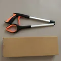 Foldable aluminum trash picker reacher tool with orange handle and long metal shaft - Box Packaging / Orange