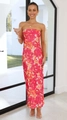 Detail of silk satin floral print maxi dress featuring elegant backless design and vibrant colors - S / Pink Print