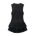 Sleeveless black dress with tiered ruffle hem and premium faux suede texture - XS / Black