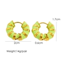 Detail showing dimensions of green and gold striped enamel hoop earrings on white background - Grass Green