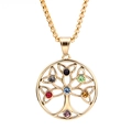 Detail of Tree of Life pendant with seven colorful gemstones on a gold stainless chain - Gold Plated Hollow Style with Multicolor Stones (A0210) / Pendant Only (No Chain)