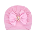 Pink baby turban hat with a large bow and centered purple rhinestone decoration - Pink