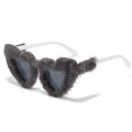 Gray plush heart-shaped sunglasses with gradient lenses and white temples for parties - White Frame Gray Fur