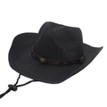 Cappello di paglia cowboy nero con fascia in pelle e sottogola regolabile - Nero (corda Cerata + Corda) / Taglia Unica (Paglia)