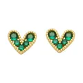 Minimalist gold heart stud earrings with emerald green crystals and polished metal finish - Green Heart Style