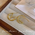 Minimalist gold-plated C-shape geometric earrings with textured spiral interior design - E5960 Gold Double Twist C-Hoop