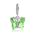 Macro detail of silver butterfly charm with green crystal and cubic zirconia inlay - Green