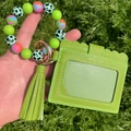 Green silicone beaded wristlet keychain with leopard print beads and PU leather card holder - Fruit Green