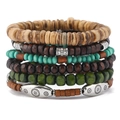 Detail of multi-layer handmade wooden beads and turquoise accents on elastic bracelets - Radial Metal Spacer Style (46)