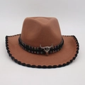 Brown wool cowboy hat with colorful ethnic band and silver bull skull ornament - One Size / Khaki Black Edge