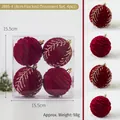 Set of 4 burgundy flocked Christmas balls with gold glitter patterns, 8cm diameter size - Diameter 8cm / Vein Pattern Flocked Balls (Pack of 4)