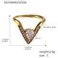 V-shaped gold stainless steel ring with teardrop zircon and pavé crystal accents - Gold White Zirconia