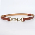 Brown leather waist belt for dresses with golden metal horsebit buckle decoration - Brown