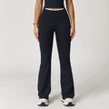 Zwarte yoga flare broek voor dames met hoge taille en witte contrast bies in de taille - S / Premium Zwart