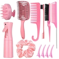 Professional 11-piece pink hair styling tool set including combs, brushes, and spray bottle - 11Pcs Pink Set (Spiral Comb)