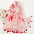 Detail of red and white tie-dye cotton linen scarf with decorative tassels and dried flowers - White Red Tie Dye Style (XS018-02)