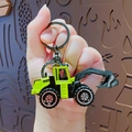 Mini alloy excavator keychain in bright yellow-green with black treads and metal ring - Green Excavator
