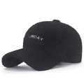 Black faux shearling baseball cap with white SATURDAY embroidery for women's winter wear - Adjustable / Black