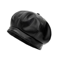 Classic black PU leather octagonal baker boy hat with textured finish and stitched crown - M (56-58cm) / Black