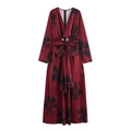 Elegant French V-neck long-sleeve maxi dress in wine red with black floral print - S / Burgundy