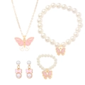 Pink and white butterfly jewelry set with pearl necklace, bracelet, earrings, and ring - Butterfly Pearl Jewelry Four Piece Set (01 KC Gold 9892)