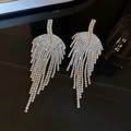 Elegant silver leaf tassel earrings featuring shimmering crystal pave and long fringe drop - Silver Full Diamond Leaf Vein Tassel (381)