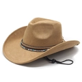 Camel faux suede western cowboy hat with bohemian beaded band and adjustable chin strap - M (56-58cm) / Camel