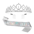 Silver birthday queen sash and rhinestone crown tiara set for girls party accessory - Set 25 (Silver Birthday Queen)