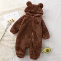 Brown infant plush romper with teddy bear ears and front zipper for winter warmth - 66cm / Brown