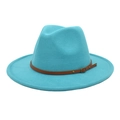 Detail of teal fedora hat showing the felt texture and brown leather belt buckle - M (56-58cm) / Lake Blue