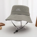 Detail of grey-green mountain logo print on nylon quick-dry bucket hat with wind rope - 52-54cm / Green