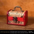 Vintage small wooden jewelry box with red leather trim and antique world map pattern - Yellow Map Handle - Unlocked