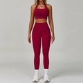 Dark red seamless two-piece yoga set with cropped halter tank top and high waisted leggings - S / Rose Red