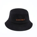 Close-up of black corduroy bucket hat with orange COCONUT embroidery detail - One Size / Black
