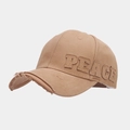 Detail showing vintage distressed brim and PEACE letter embroidery on khaki baseball cap - Adjustable / Khaki